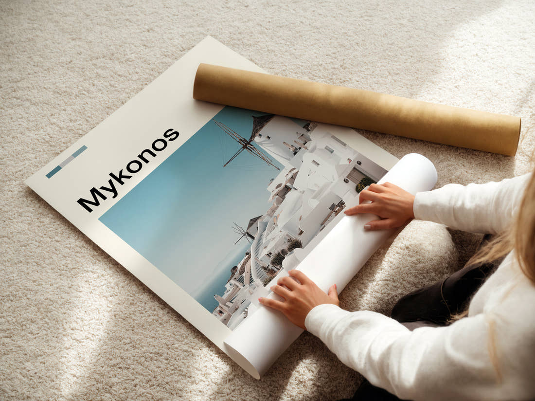 Mykonos Hilltop Windmills Travel Print being unrolled from its postal tube