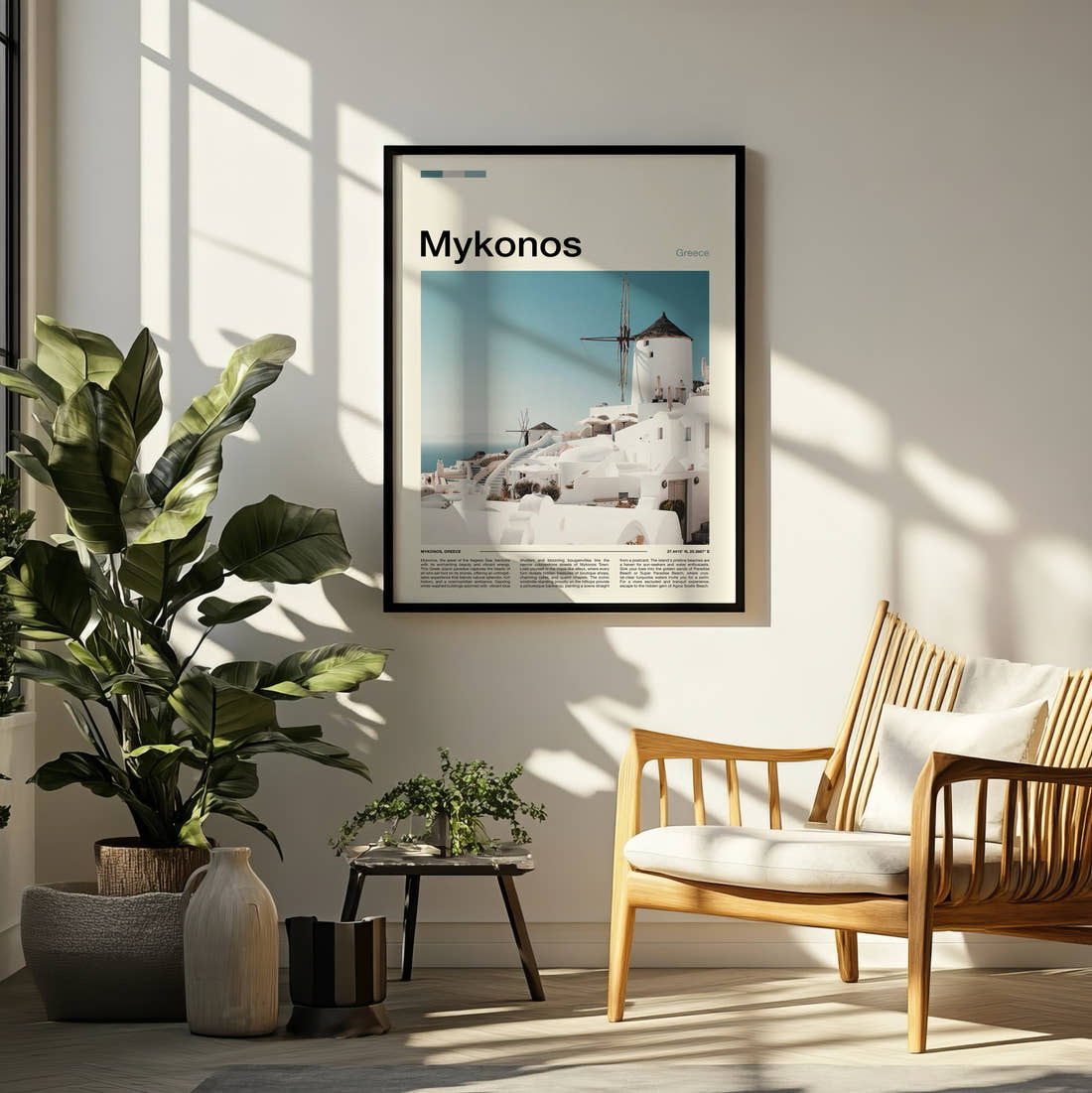Mykonos Hilltop Windmills Travel Print framed on a pale wall beside houseplants