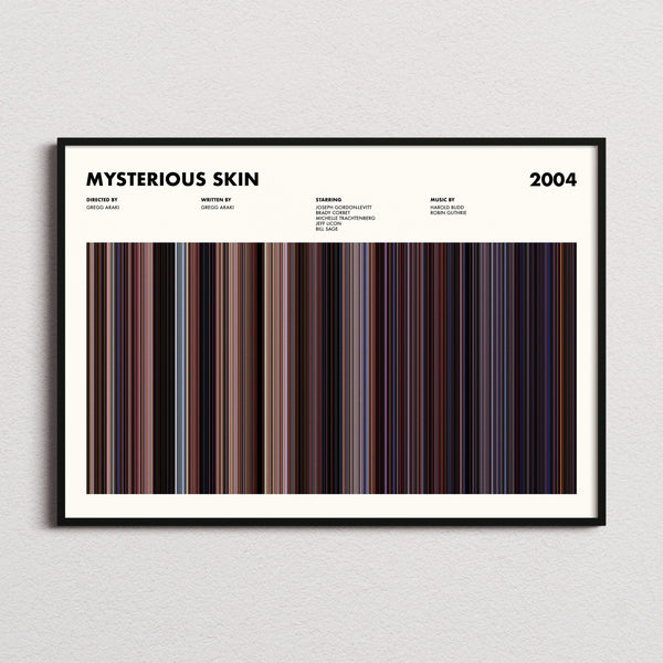 Mysterious Skin Movie Barcode Poster framed and photographed straight on