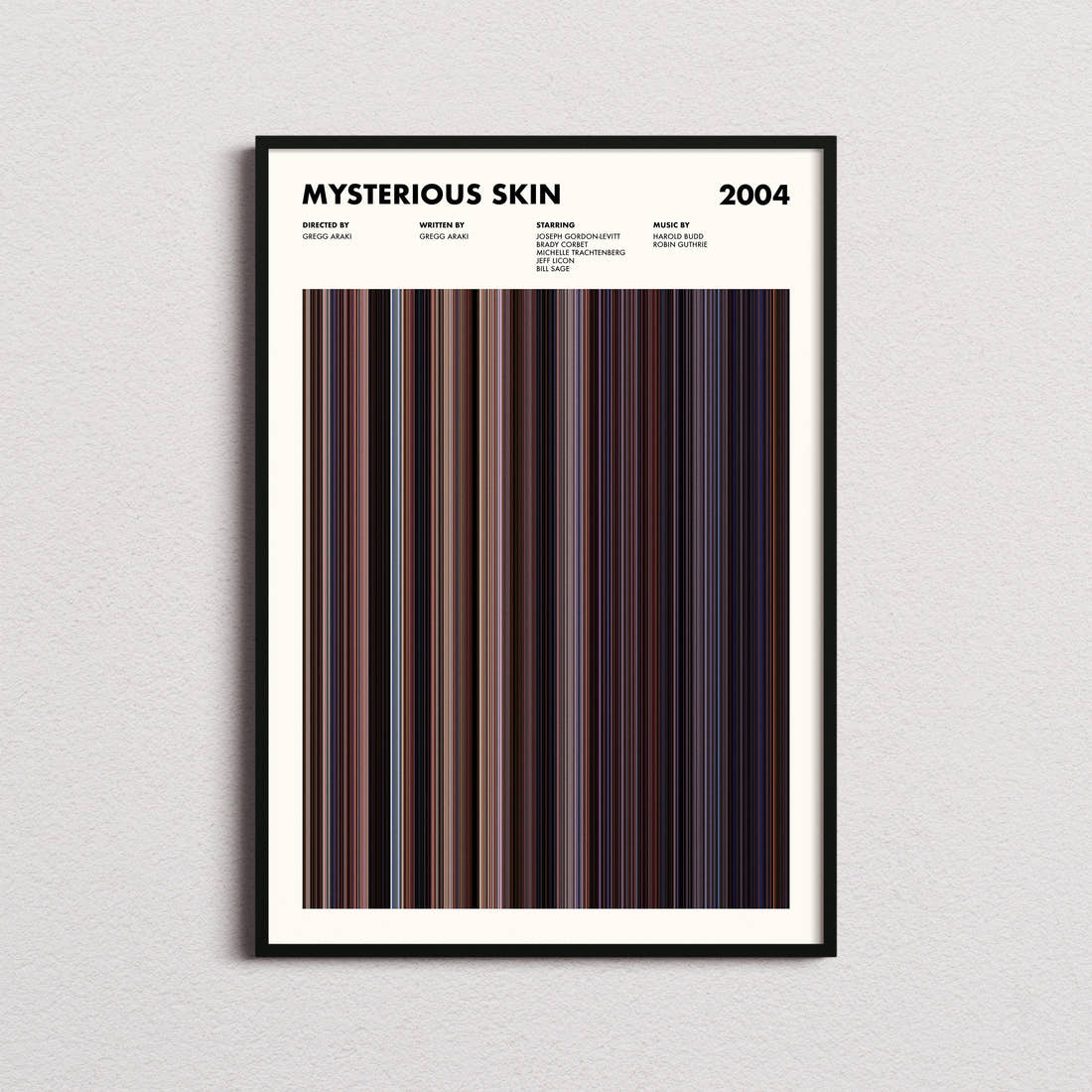 Mysterious Skin Movie Barcode Poster framed on a plain studio wall
