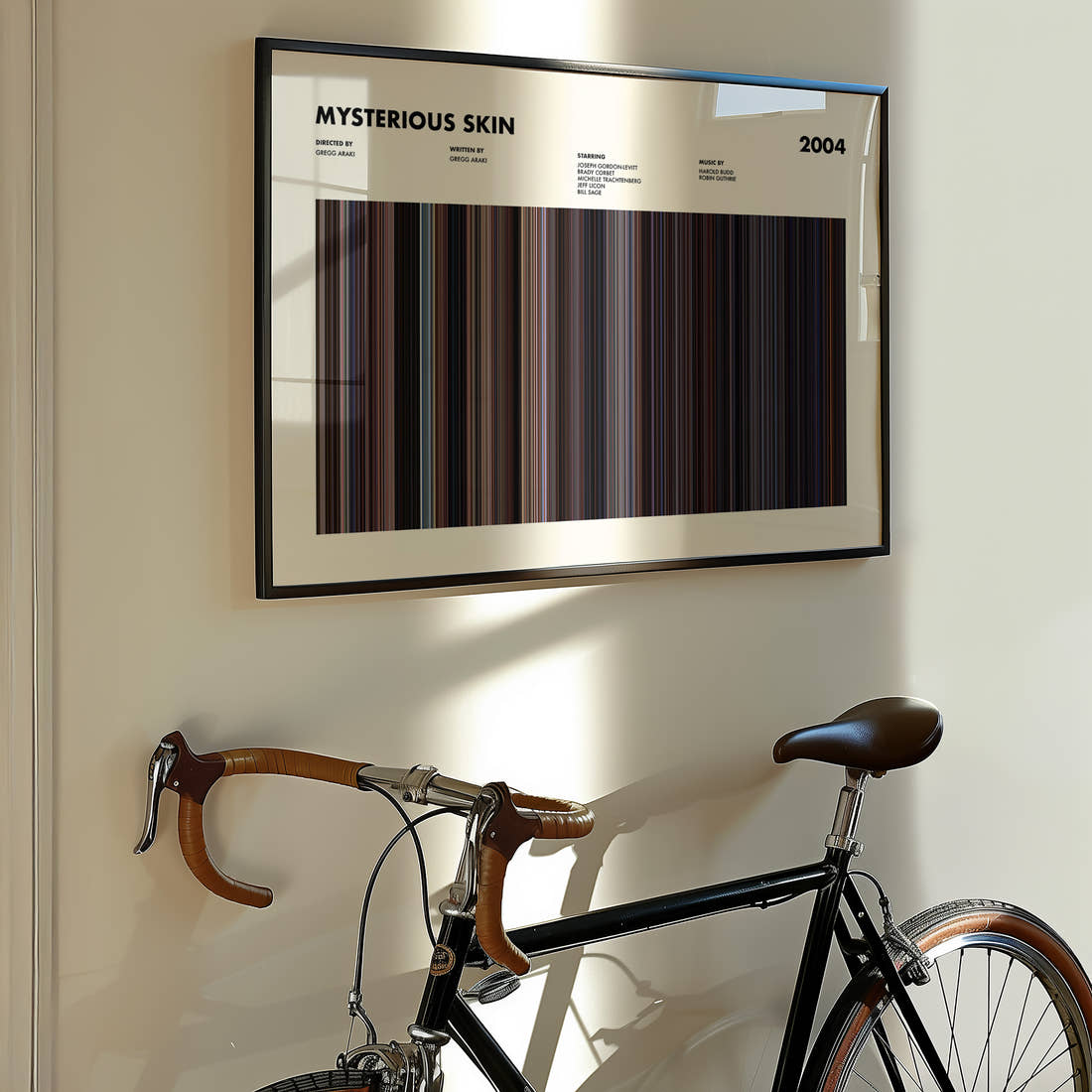 Mysterious Skin Movie Barcode Poster framed on the wall of a styled room setting