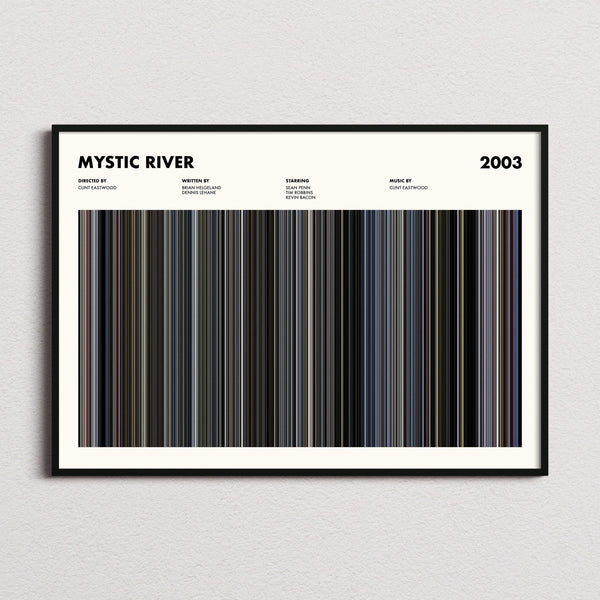 Mystic River Movie Barcode Poster framed and photographed straight on