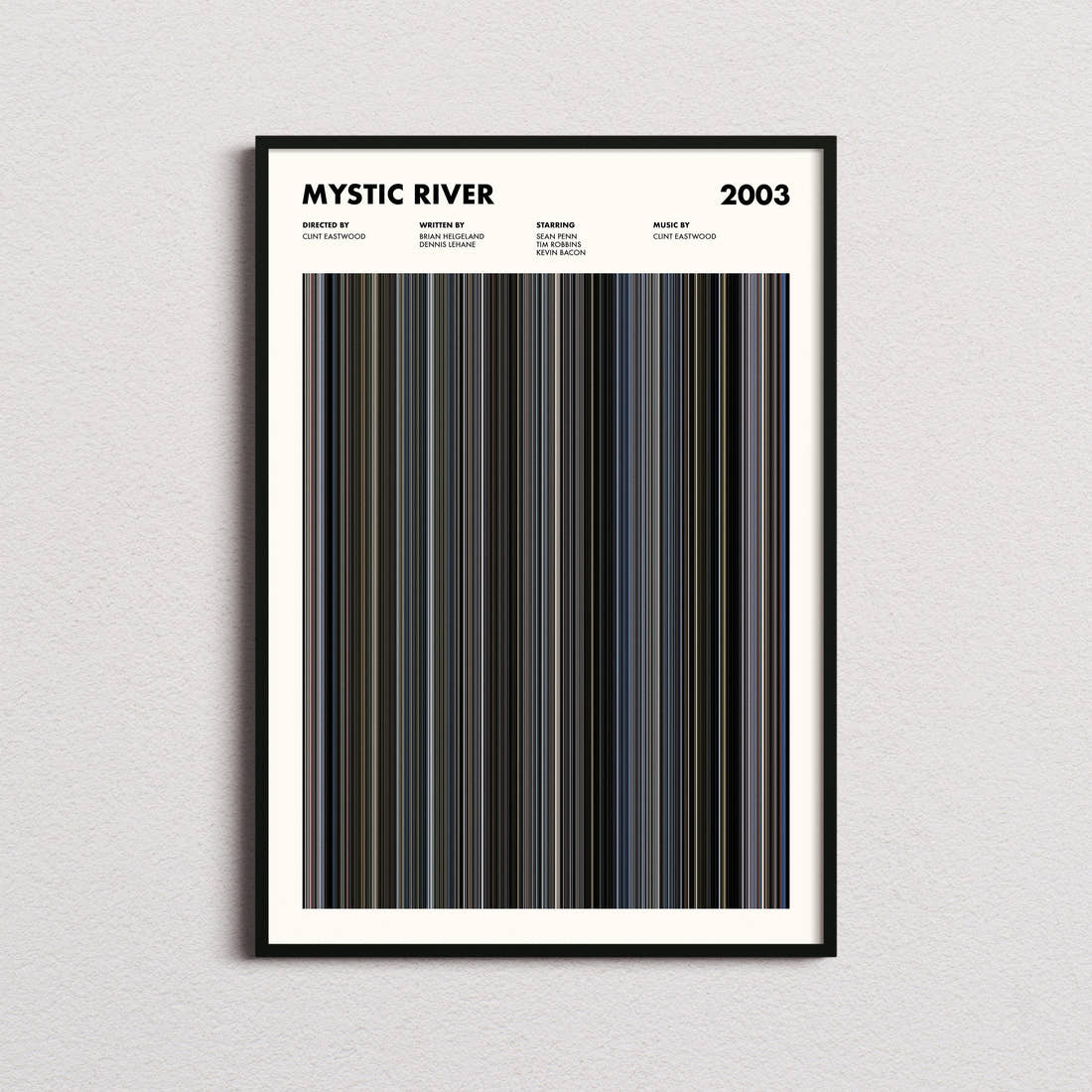 Mystic River Movie Barcode Poster framed on a plain studio wall