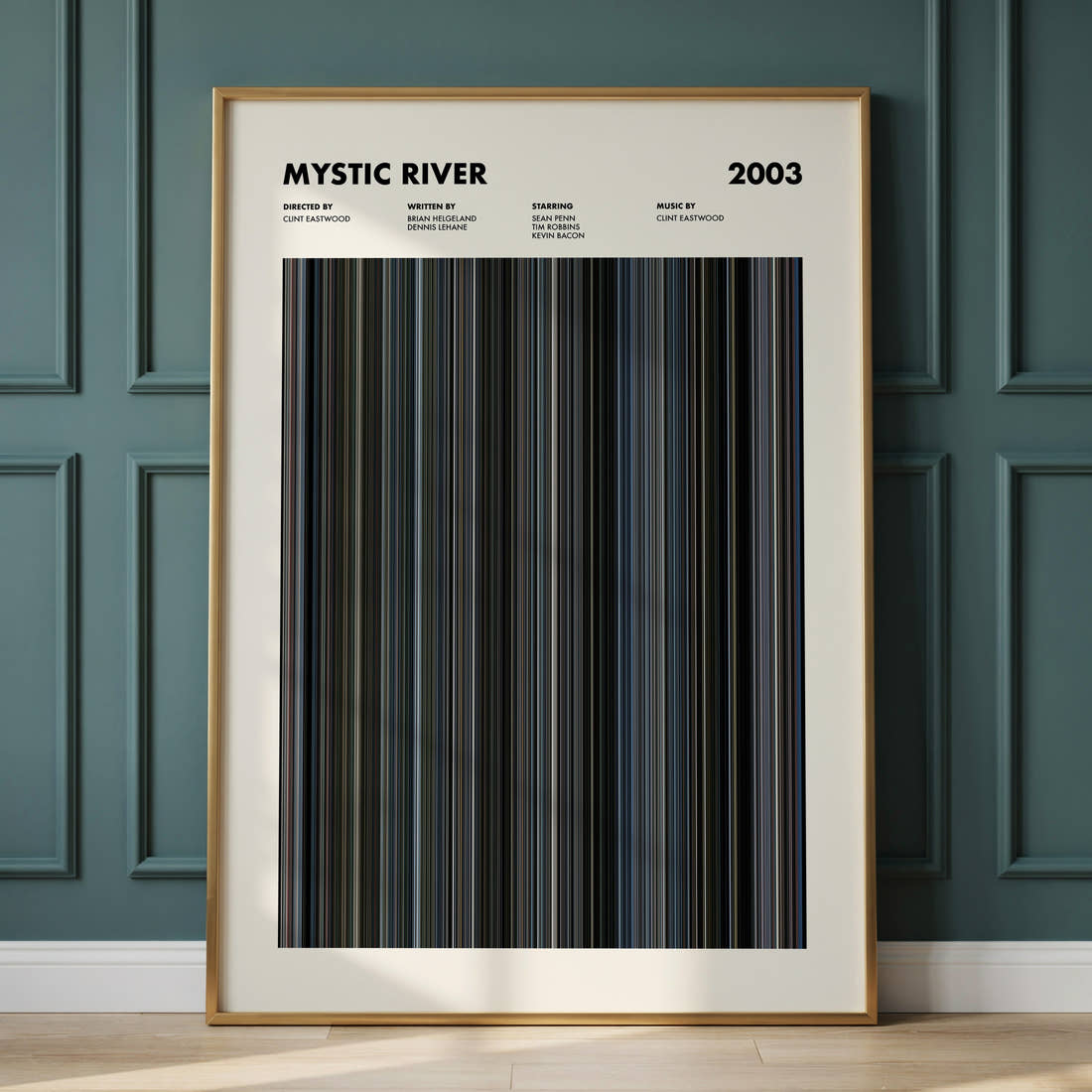 Mystic River Movie Barcode Poster framed and leaning against a panelled wall