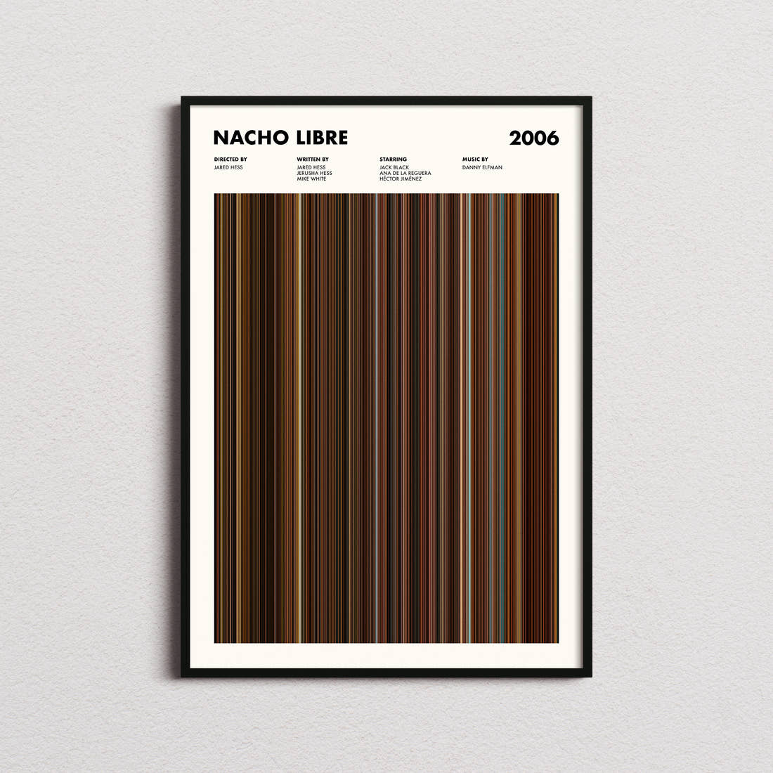Nacho Libre Movie Barcode Poster framed on a plain studio wall