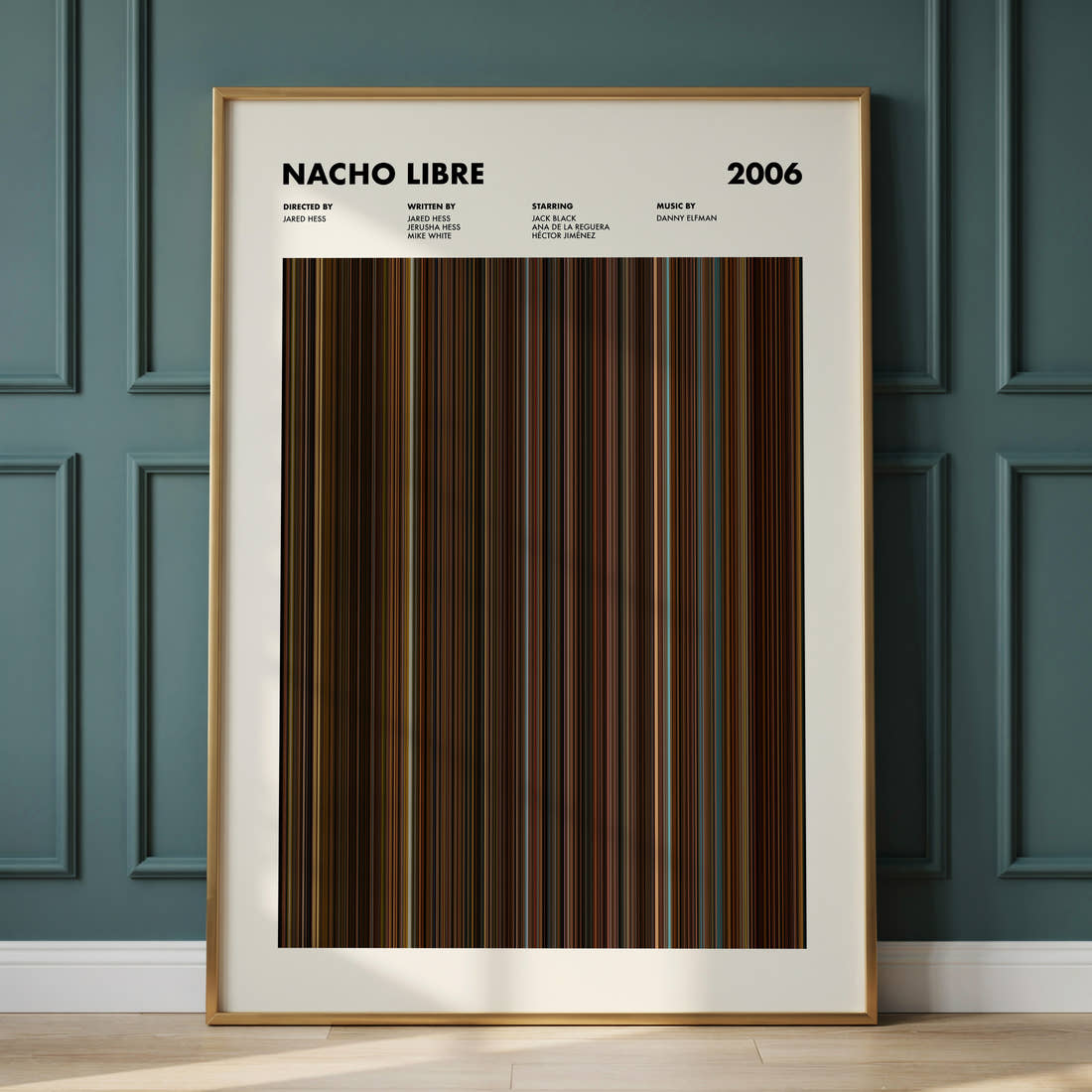 Nacho Libre Movie Barcode Poster framed and leaning against a panelled wall