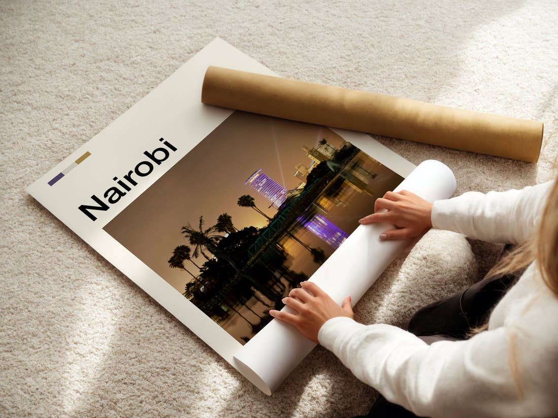 Nairobi Night Skyline Travel Print being unrolled from its postal tube