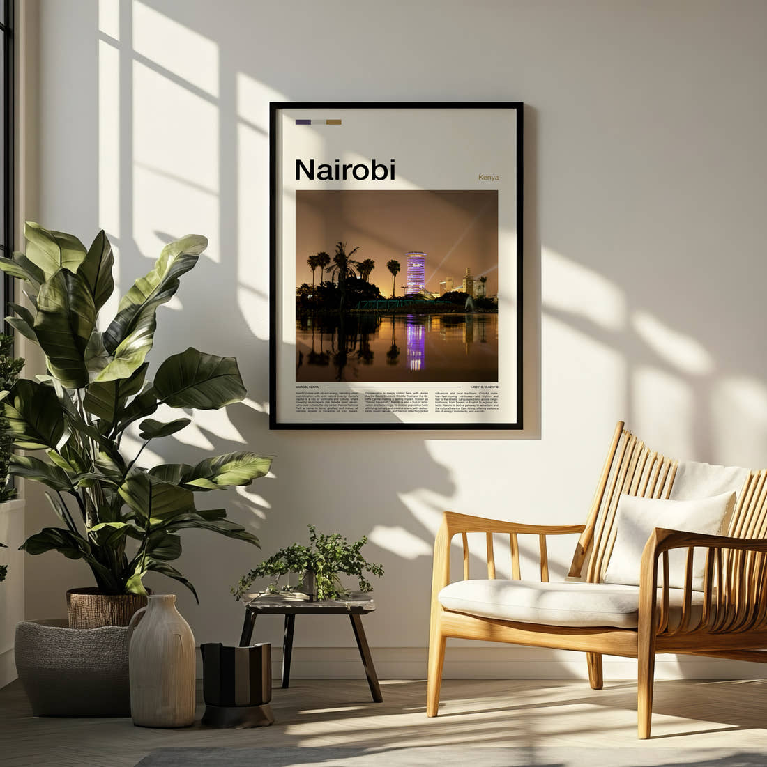 Nairobi Night Skyline Travel Print framed on a pale wall beside houseplants