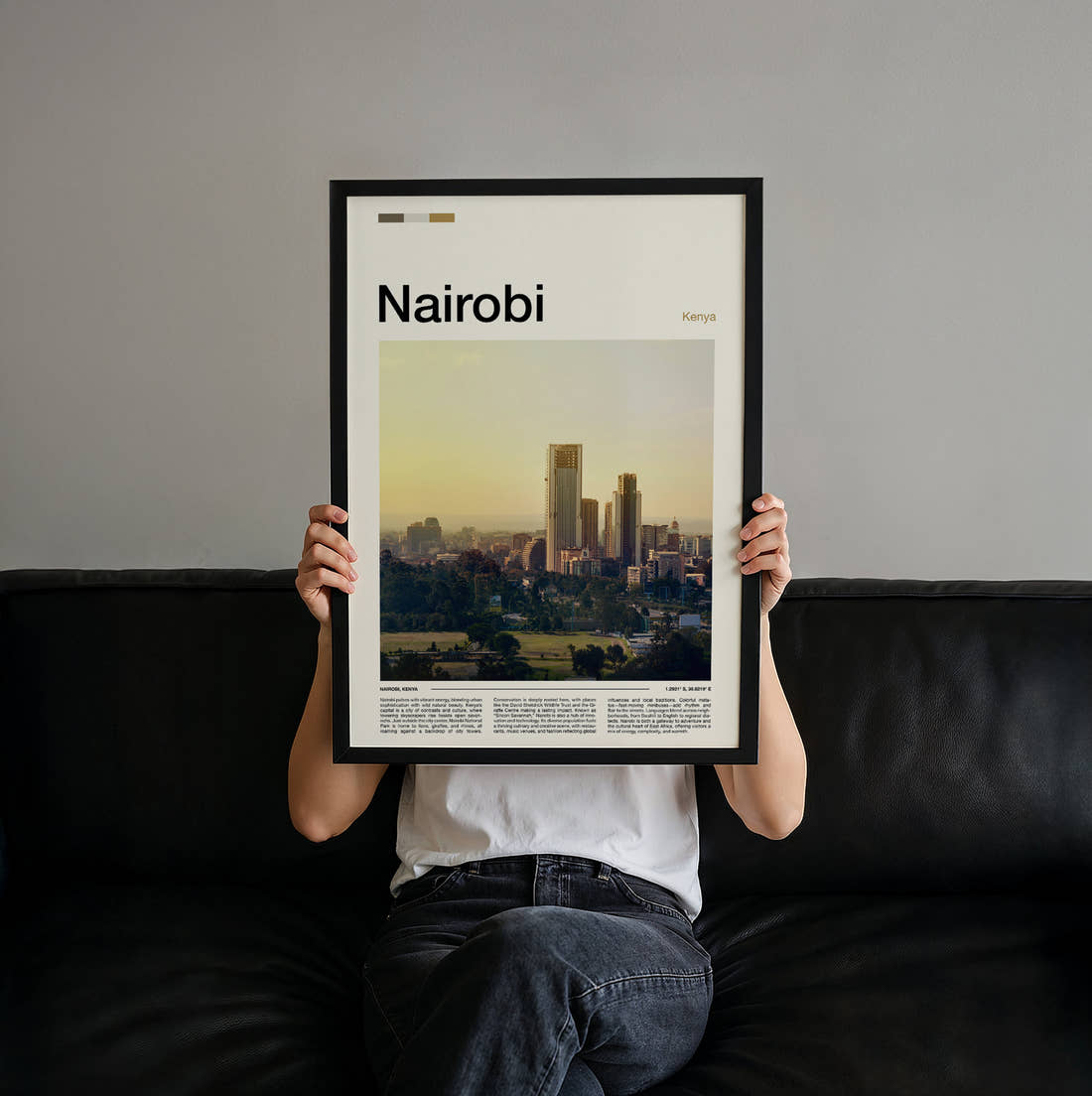 Nairobi City Skyline Travel Print held up by hand to show the size of the print