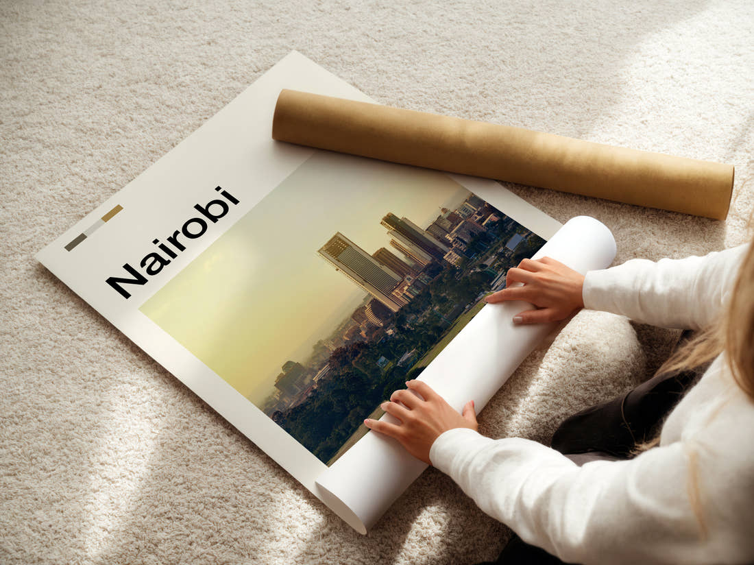 Nairobi City Skyline Travel Print being unrolled from its postal tube