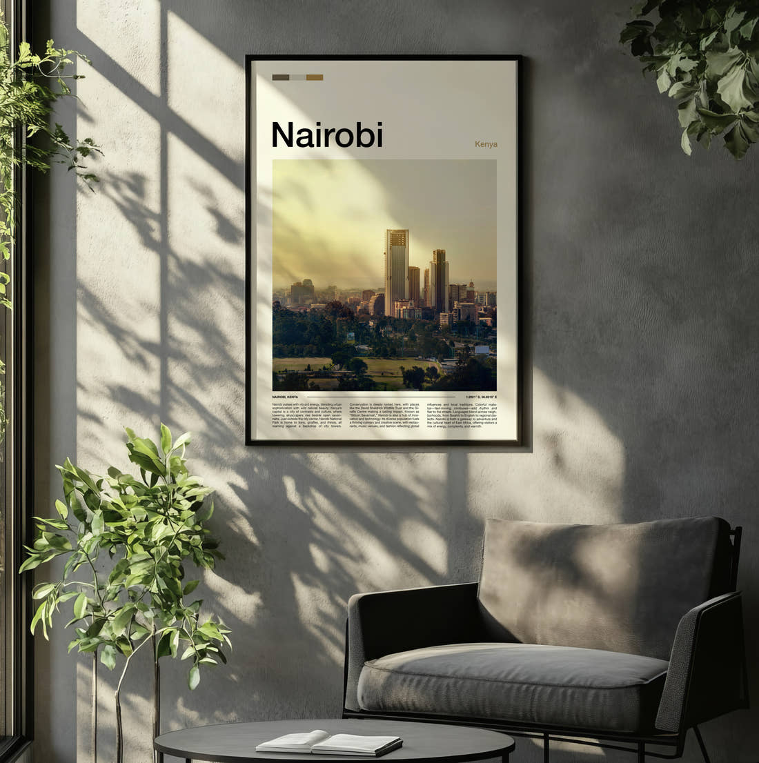 Nairobi City Skyline Travel Print framed on the wall of a relaxed living room