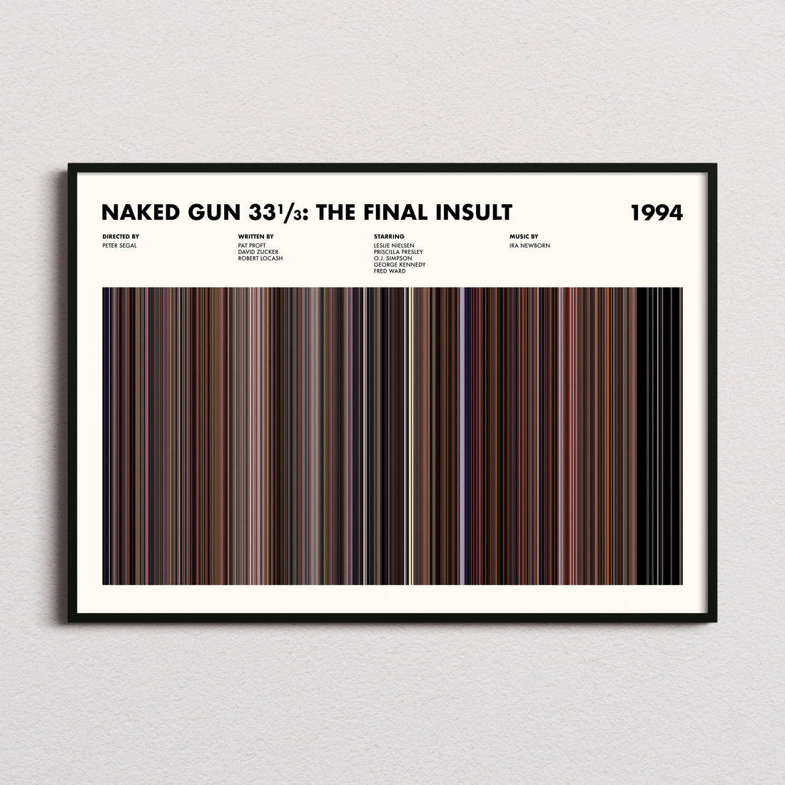 Naked Gun 33⅓: The Final Insult Movie Barcode Poster framed and photographed straight on