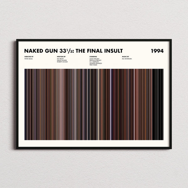 Naked Gun 33⅓: The Final Insult Movie Barcode Poster framed and photographed straight on
