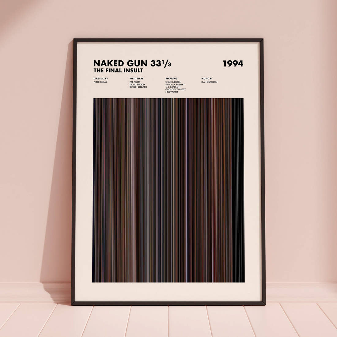 Naked Gun 33⅓: The Final Insult Movie Barcode Poster framed and leaning against a coloured wall