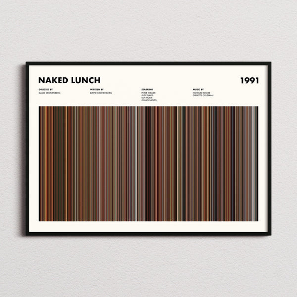 Naked Lunch Movie Barcode Poster framed and photographed straight on