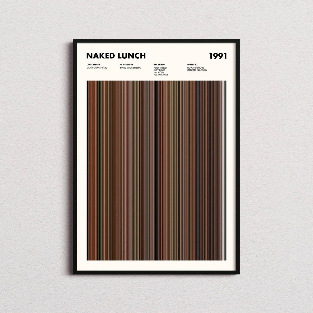 Naked Lunch Movie Barcode Poster framed on a plain studio wall