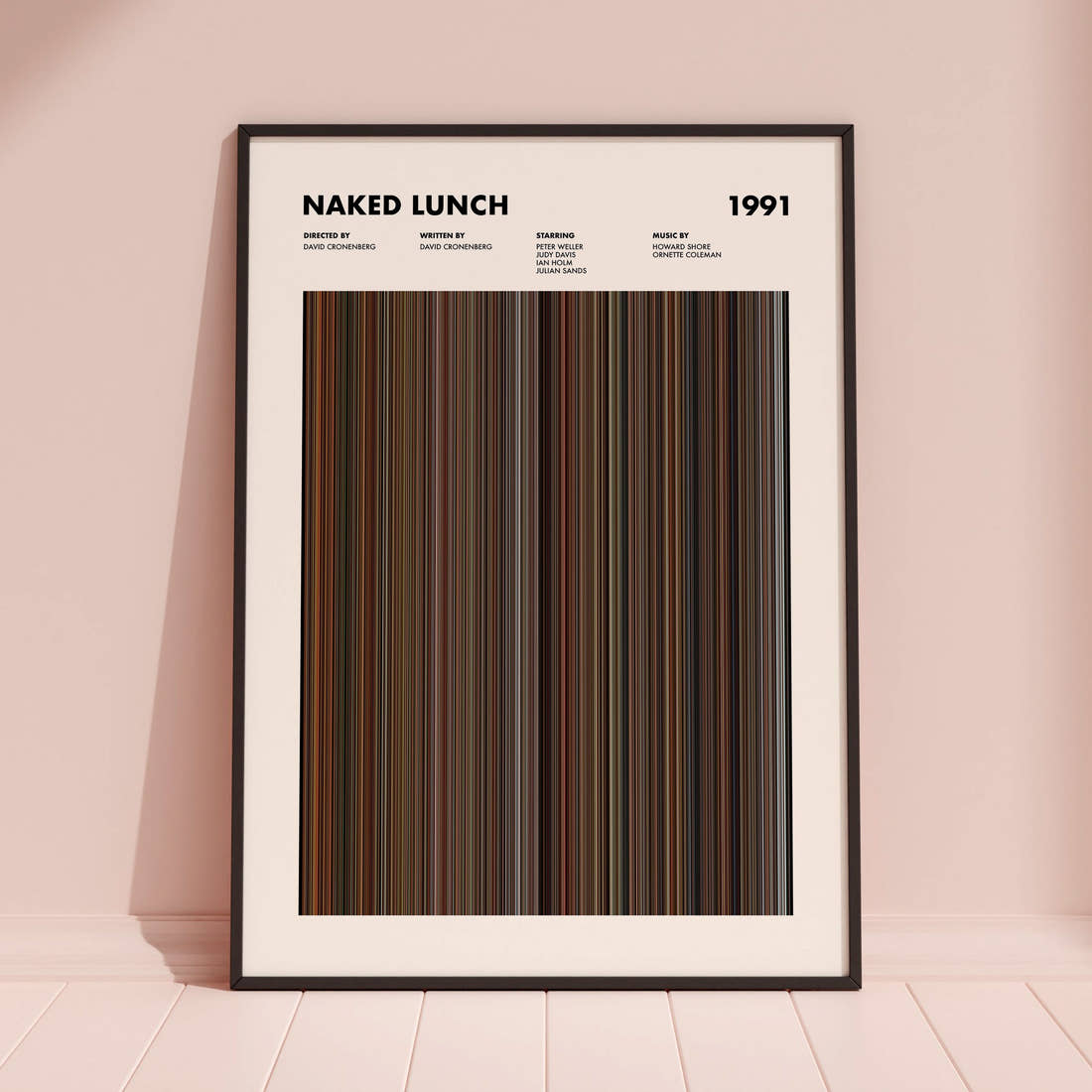 Naked Lunch Movie Barcode Poster framed and leaning against a coloured wall