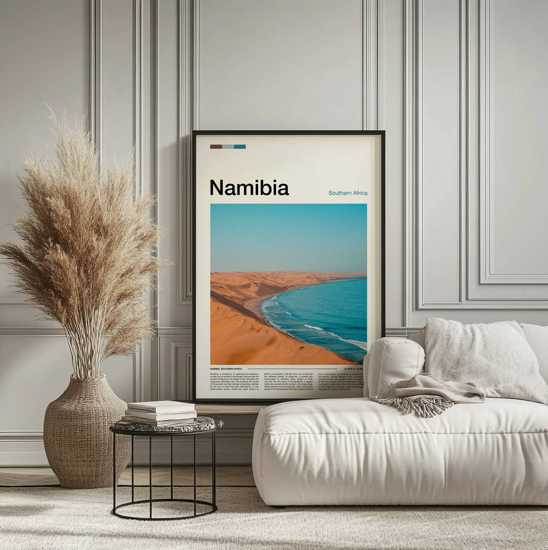 Namibia Dunes Meeting The Sea Travel Print framed on the wall of a calm, neutral bedroom