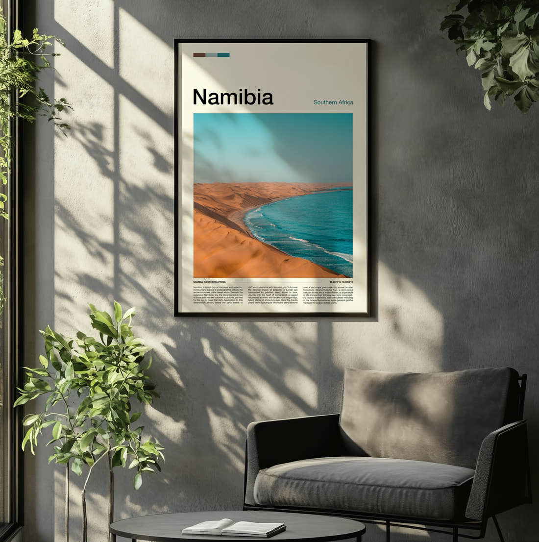 Namibia Dunes Meeting The Sea Travel Print framed on the wall of a relaxed living room