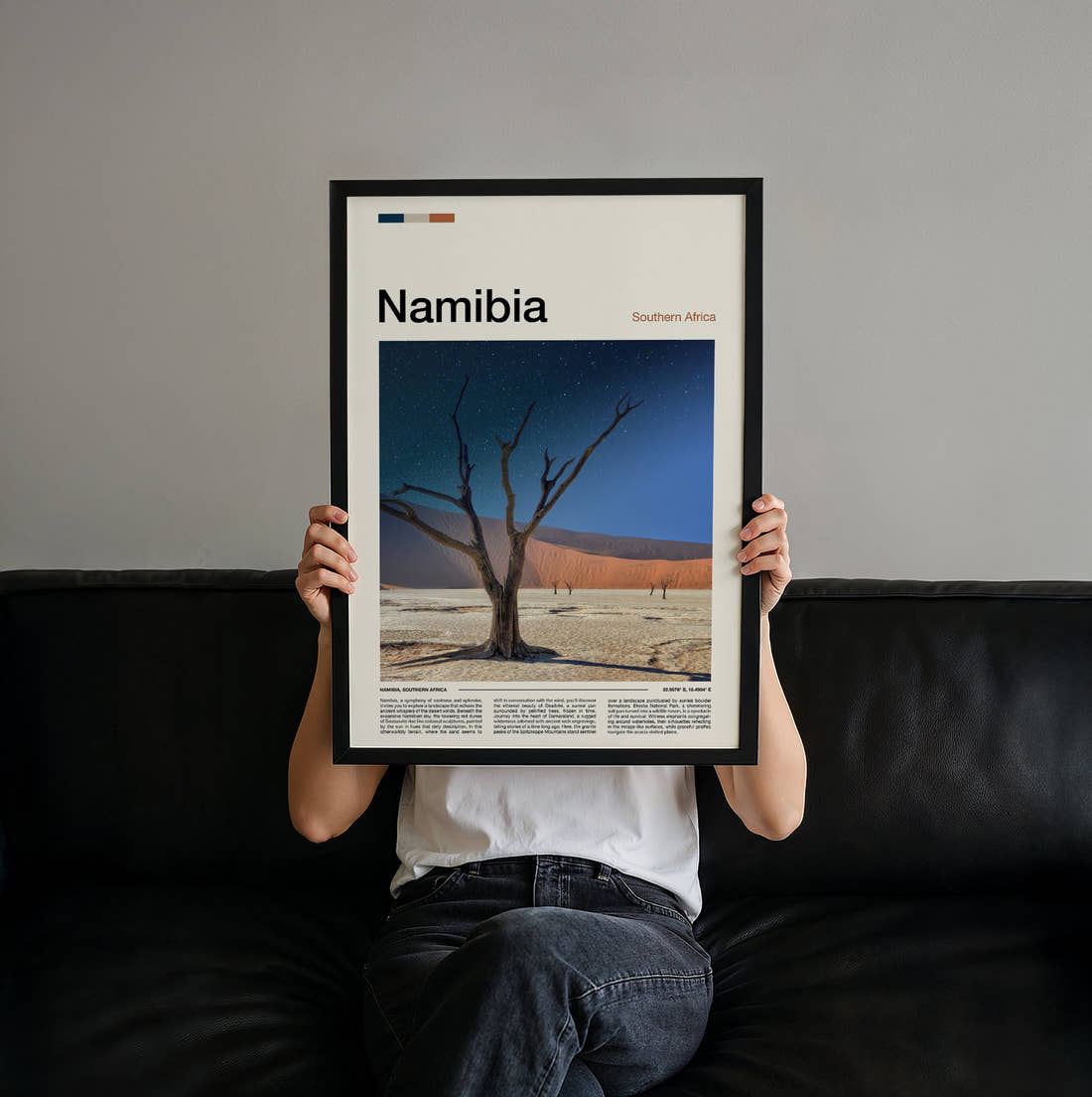Namibia Dead Desert Tree Travel Print held up by hand to show the size of the print