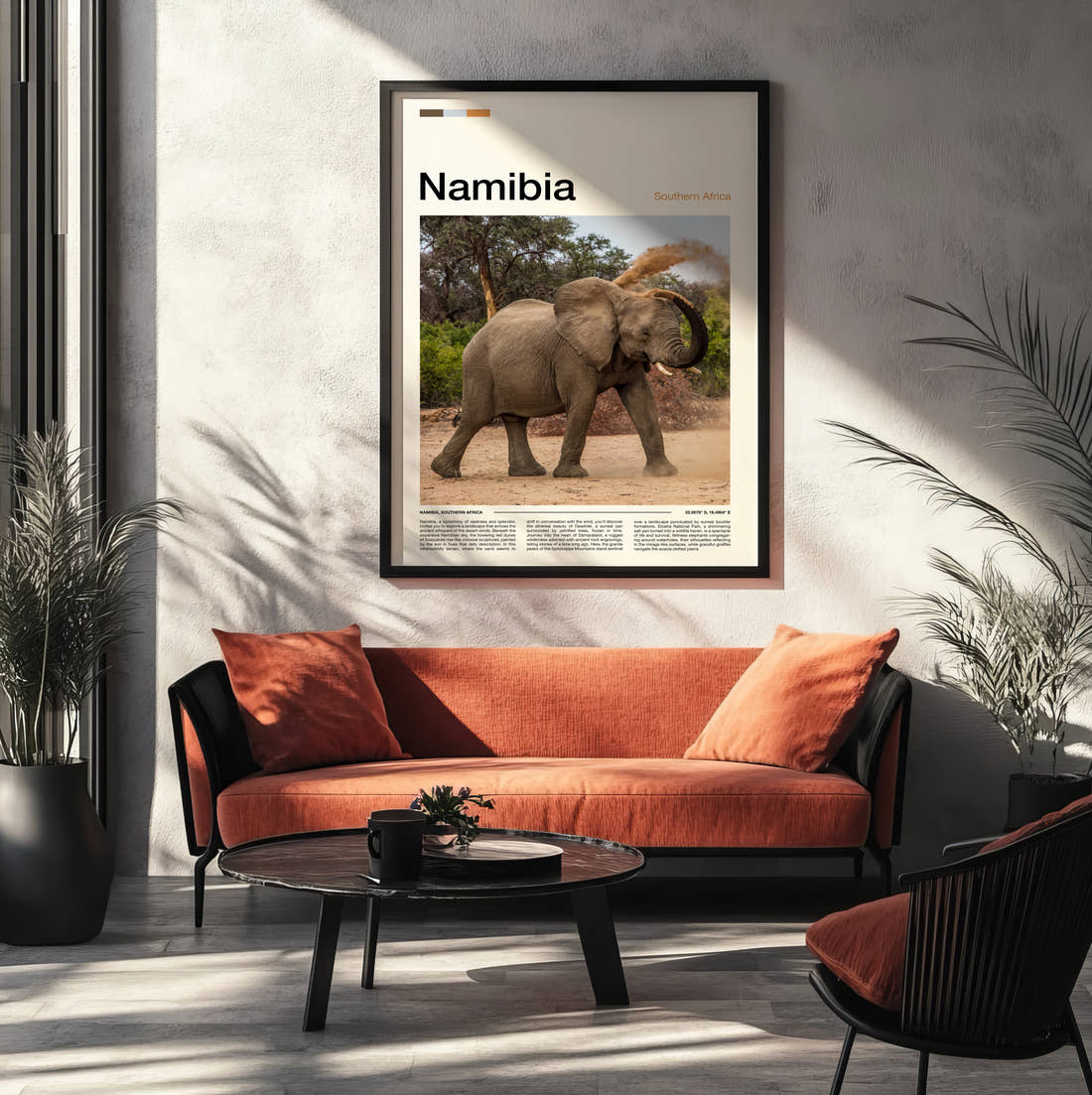 Namibia Elephant Dusting Itself Travel Print framed on the wall of a modern living room