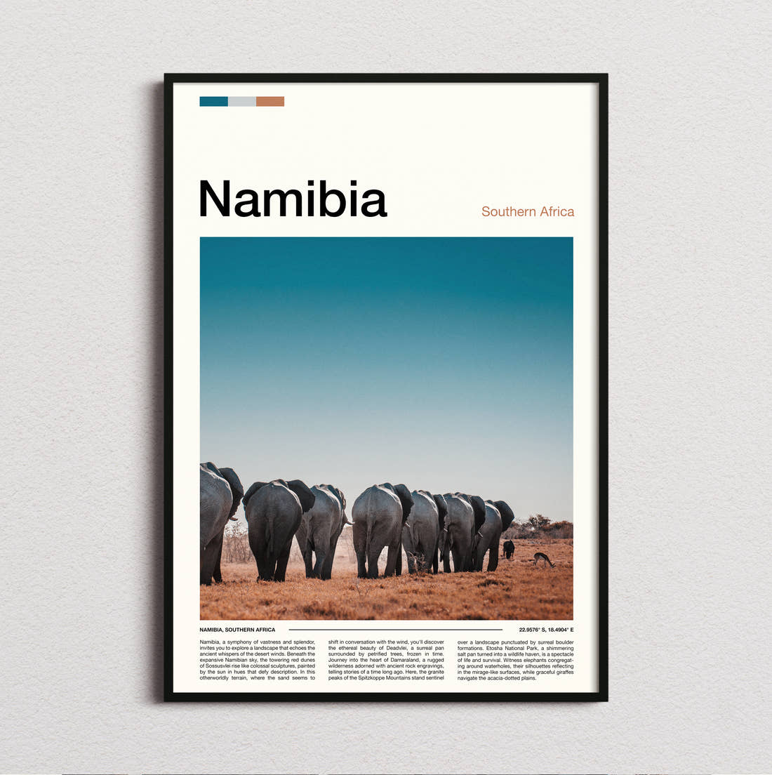 Namibia Herd Of Elephants Travel Print framed and photographed straight on