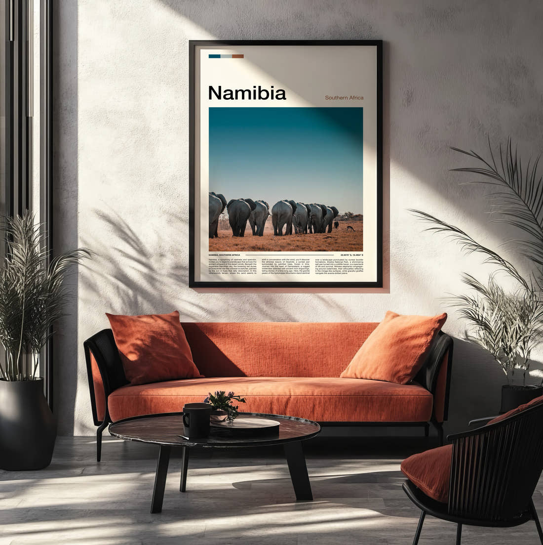 Namibia Herd Of Elephants Travel Print framed on the wall of a modern living room
