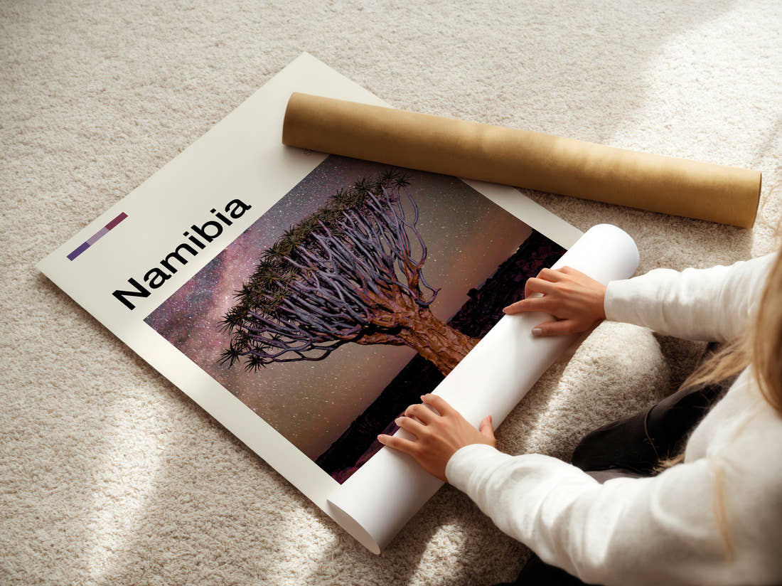 Namibia Quiver Tree At Night Travel Print being unrolled from its postal tube