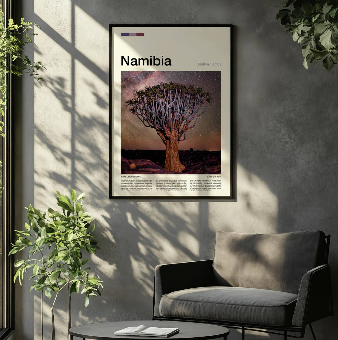 Namibia Quiver Tree At Night Travel Print framed on the wall of a relaxed living room