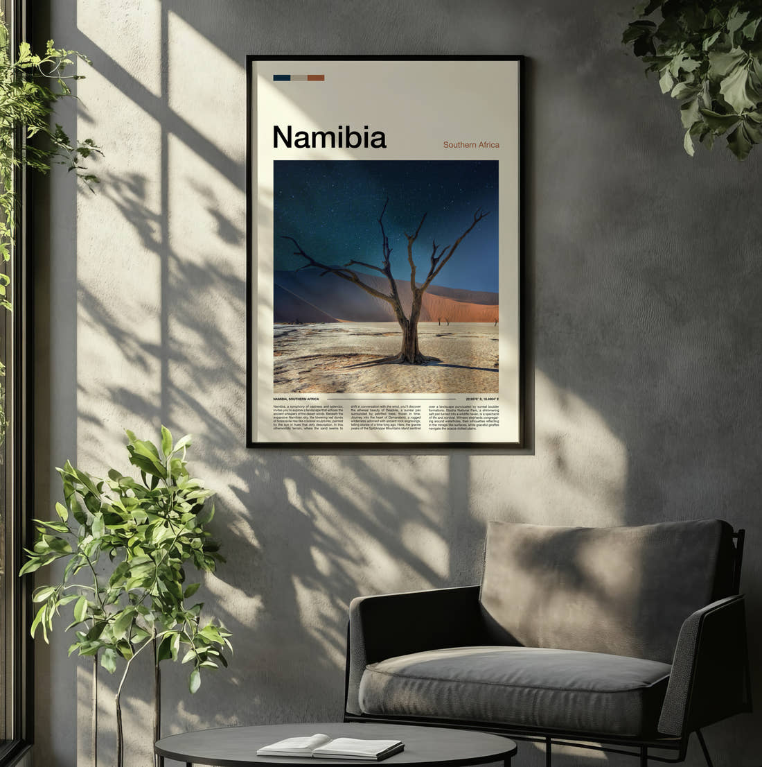 Namibia Dead Tree And Dune Travel Print framed on the wall of a relaxed living room