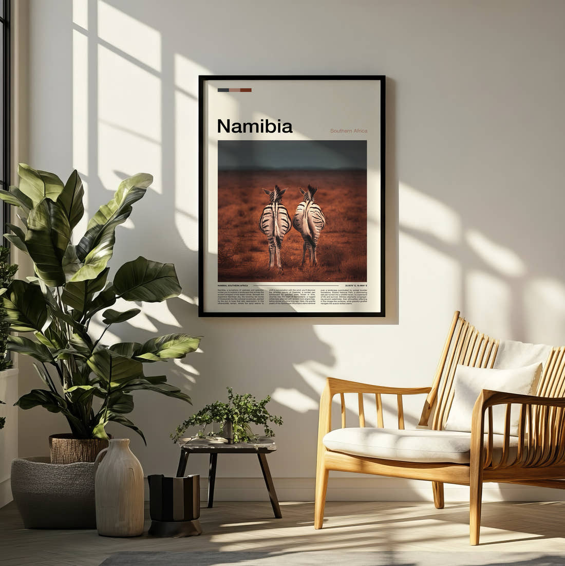 Namibia Two Zebras Travel Print framed on a pale wall beside houseplants