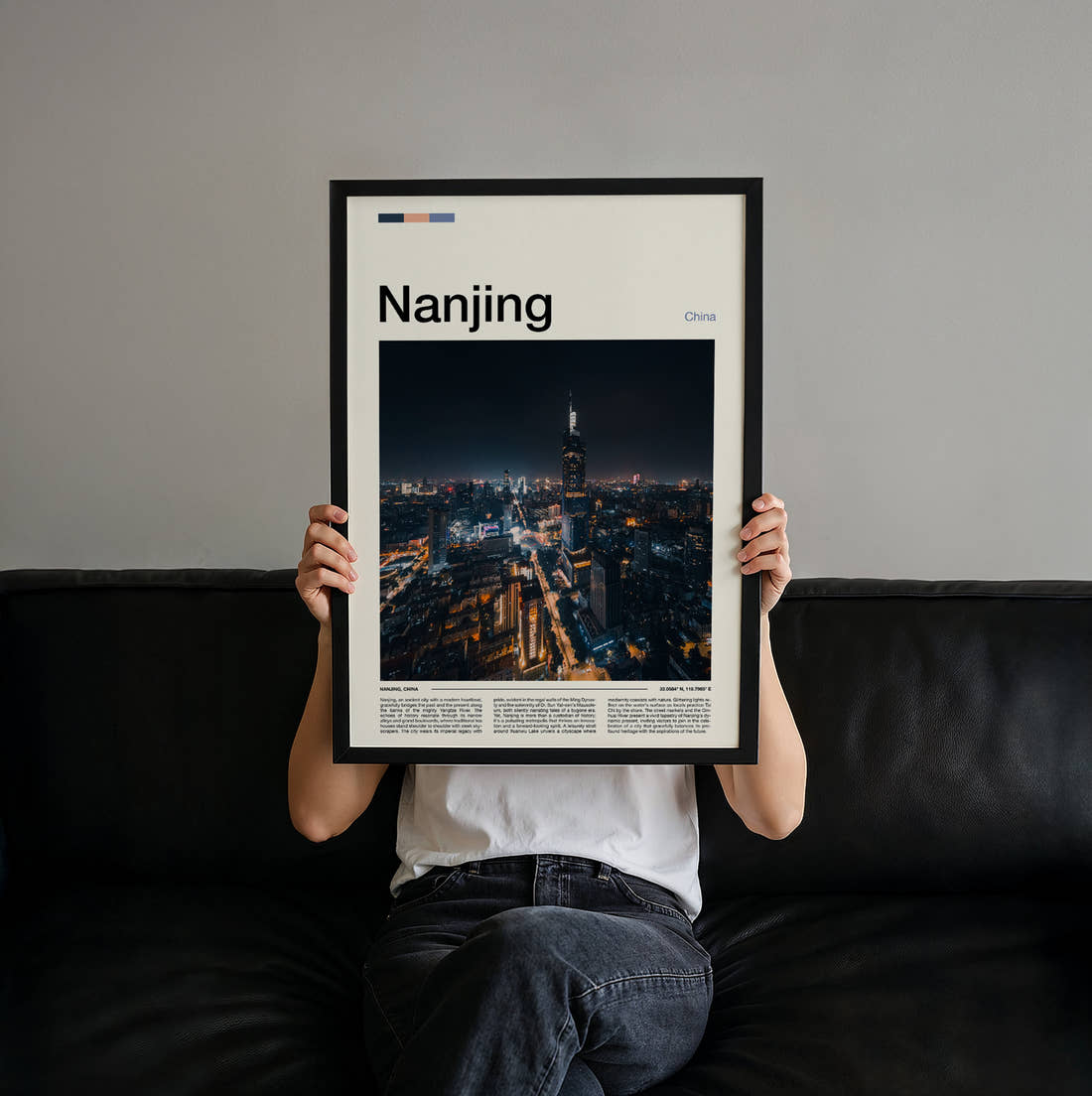Nanjing Night Cityscape Travel Print held up by hand to show the size of the print