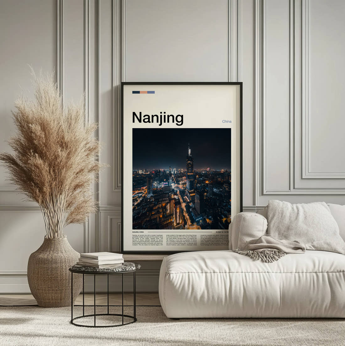 Nanjing Night Cityscape Travel Print framed on the wall of a calm, neutral bedroom