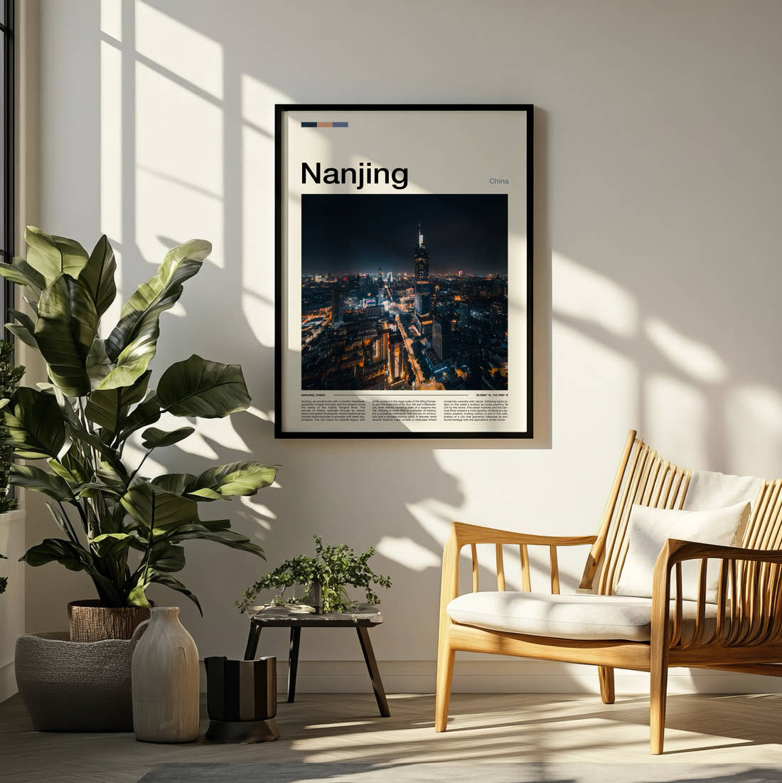 Nanjing Night Cityscape Travel Print framed on a pale wall beside houseplants