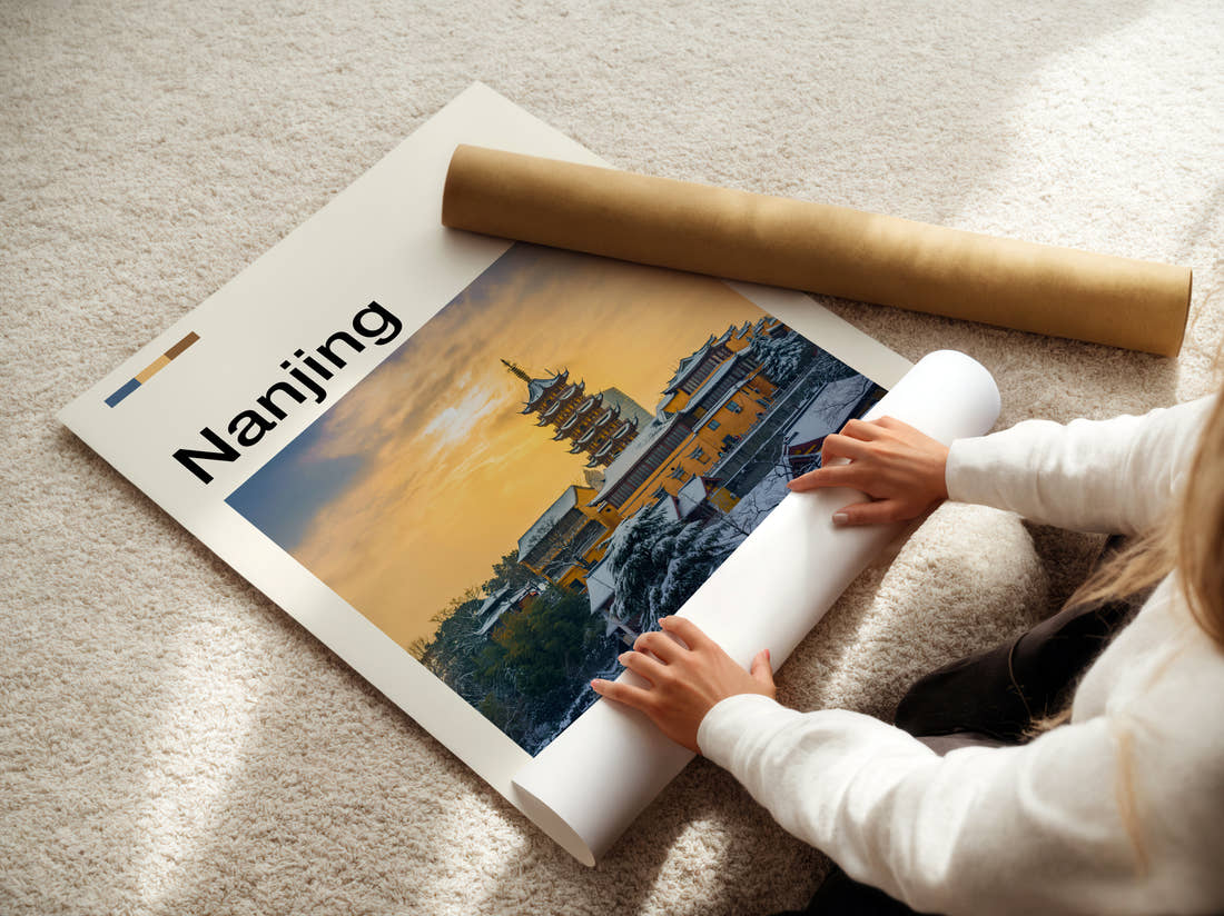 Nanjing Pagoda In Snow Travel Print being unrolled from its postal tube