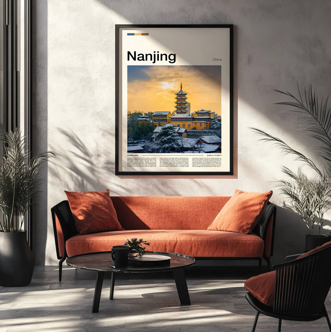 Nanjing Pagoda In Snow Travel Print framed on the wall of a modern living room