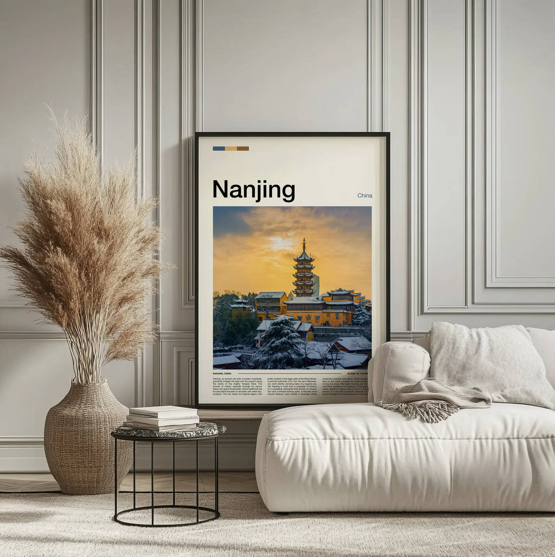 Nanjing Pagoda In Snow Travel Print framed on the wall of a calm, neutral bedroom