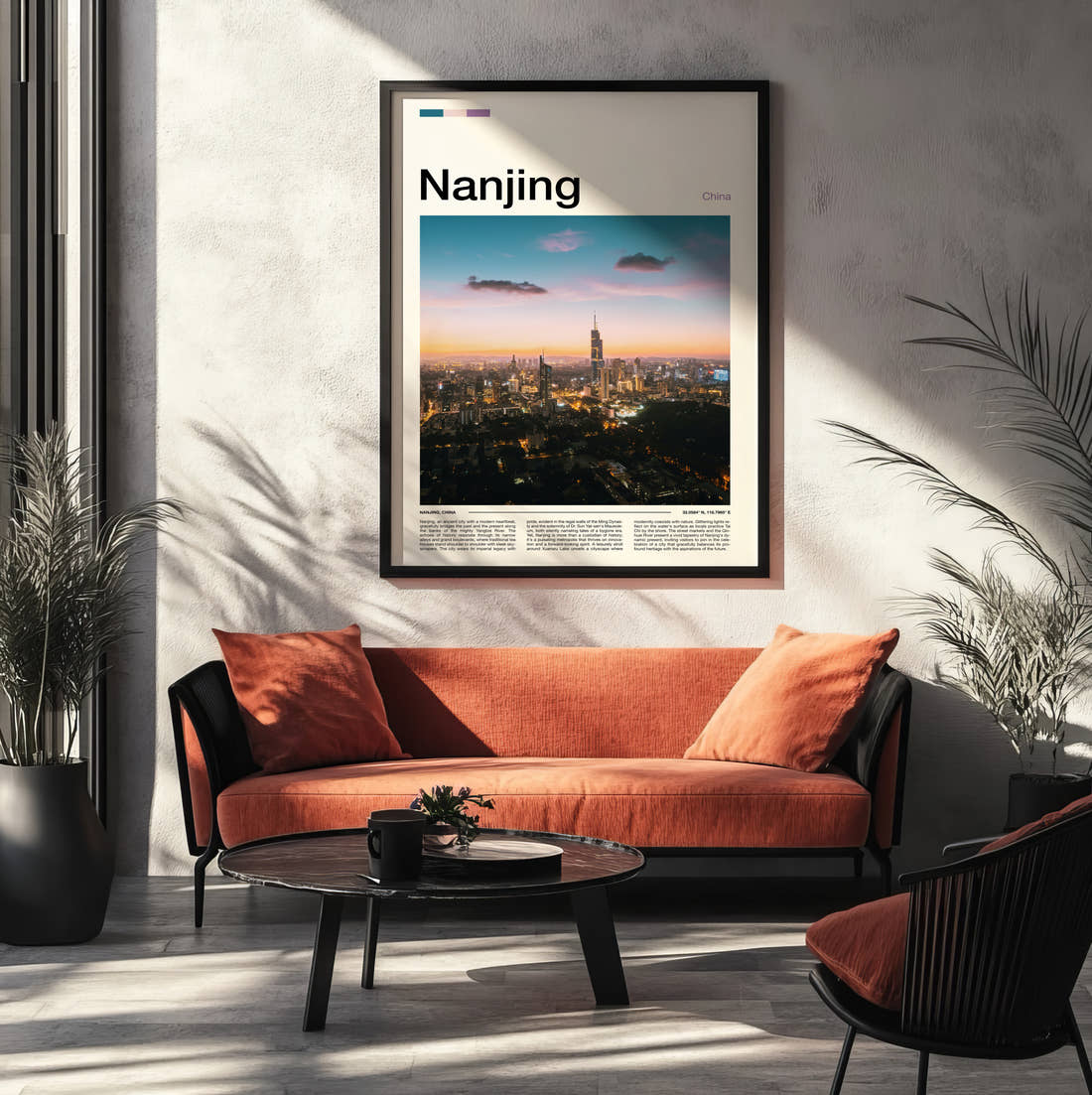 Nanjing Skyline At Sunset Travel Print framed on the wall of a modern living room