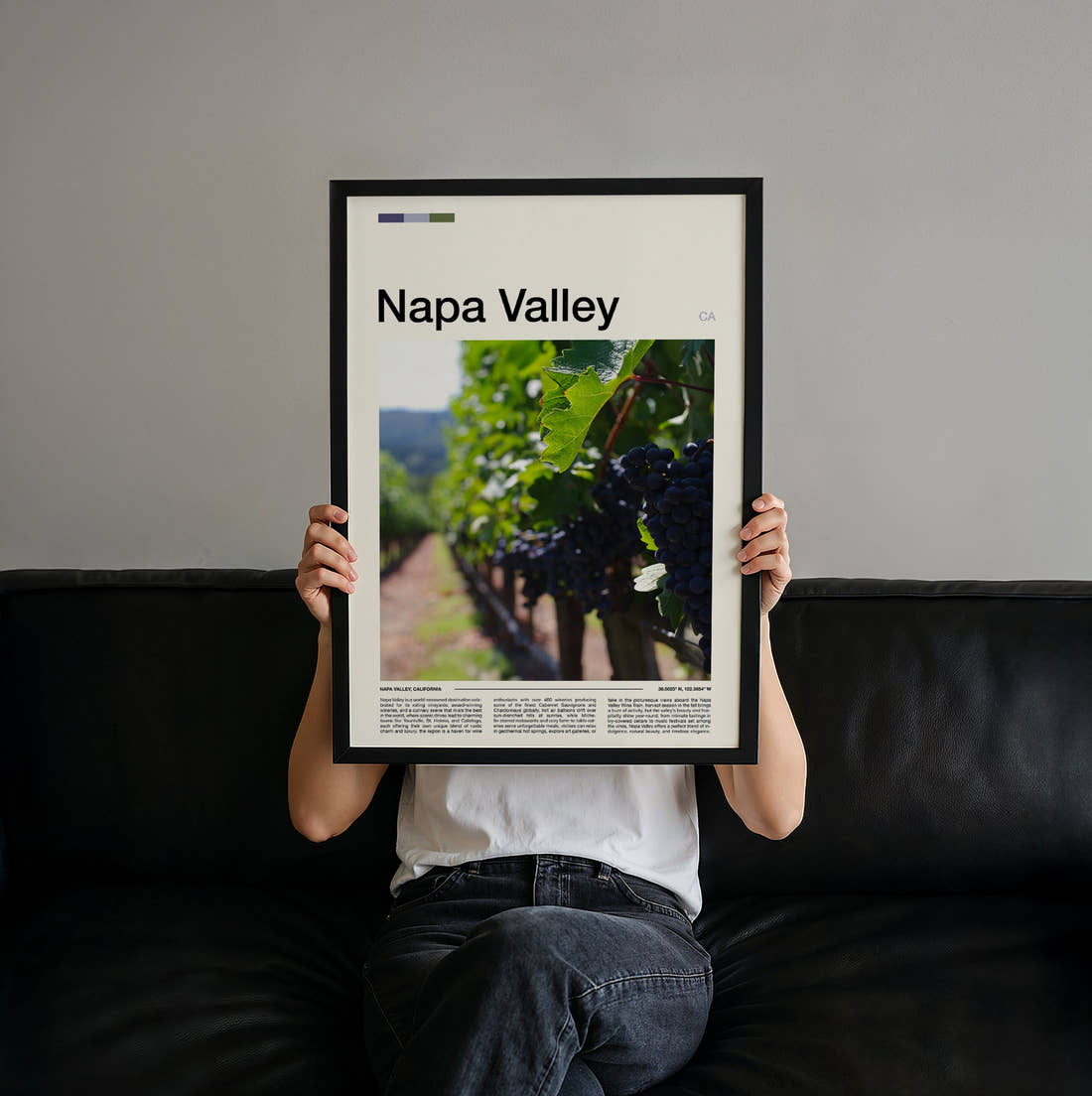 Napa Valley Grapes On The Vine Travel Print held up by hand to show the size of the print