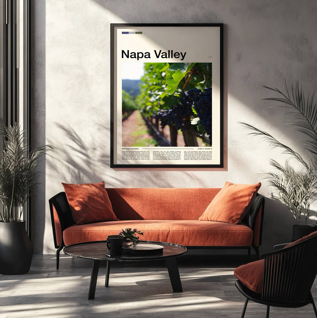 Napa Valley Grapes On The Vine Travel Print framed on the wall of a modern living room