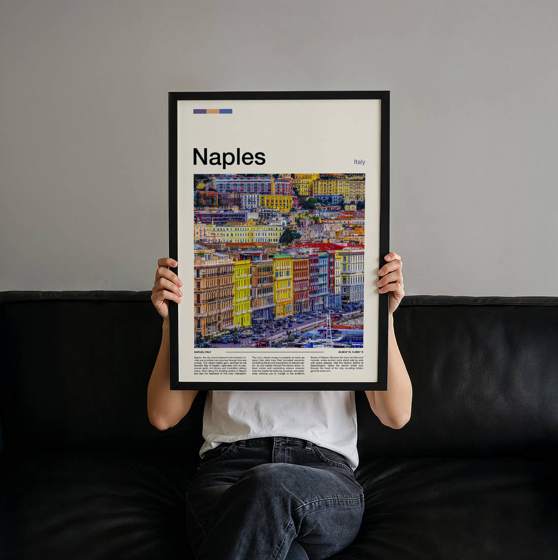 Naples Colourful Buildings Travel Print held up by hand to show the size of the print