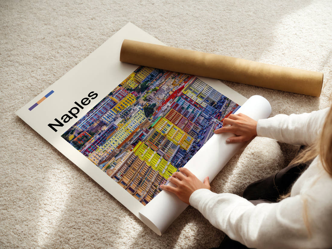 Naples Colourful Buildings Travel Print being unrolled from its postal tube