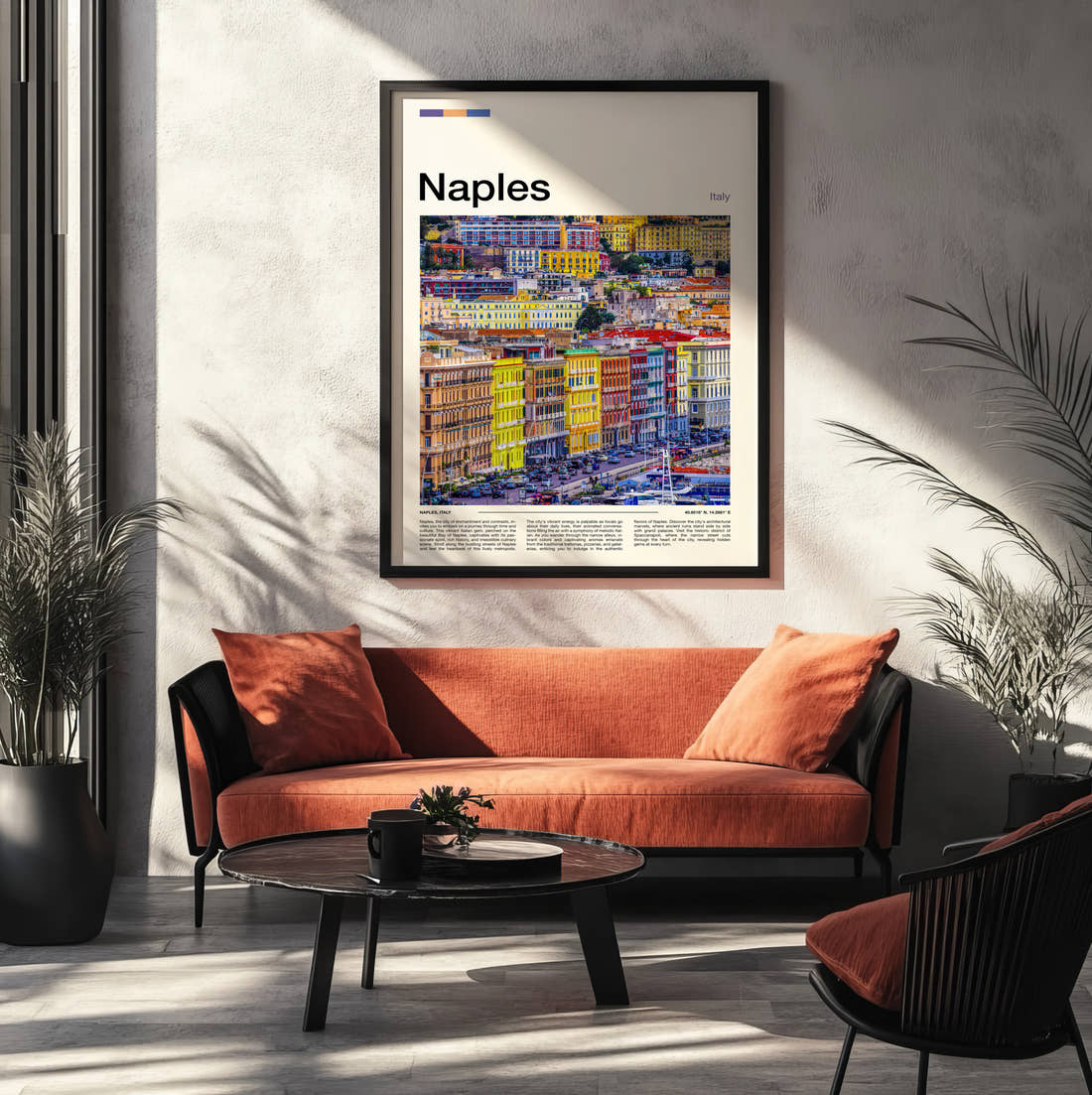 Naples Colourful Buildings Travel Print framed on the wall of a modern living room