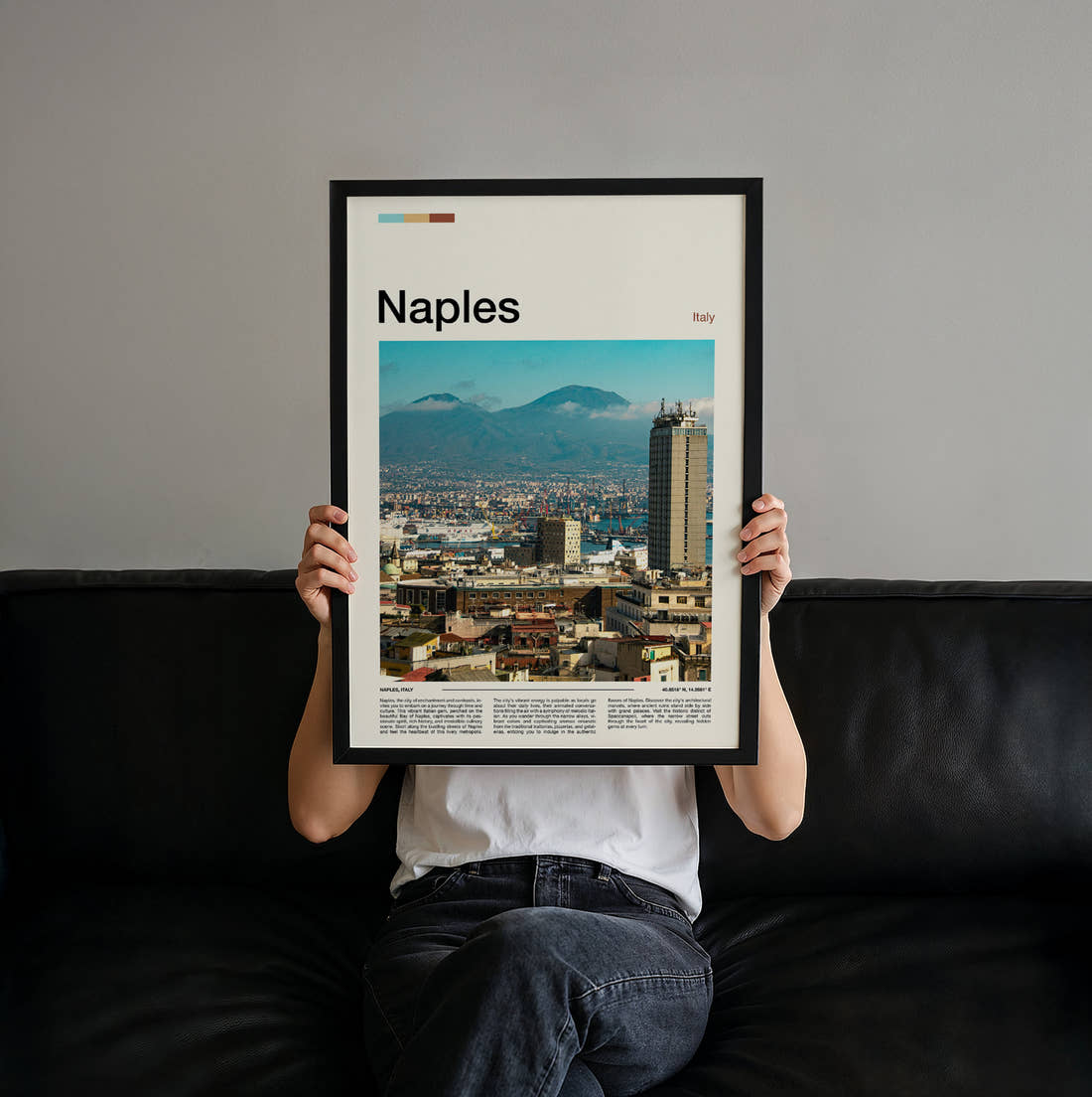Naples Mount Vesuvius Travel Print held up by hand to show the size of the print