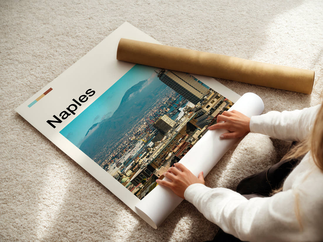 Naples Mount Vesuvius Travel Print being unrolled from its postal tube