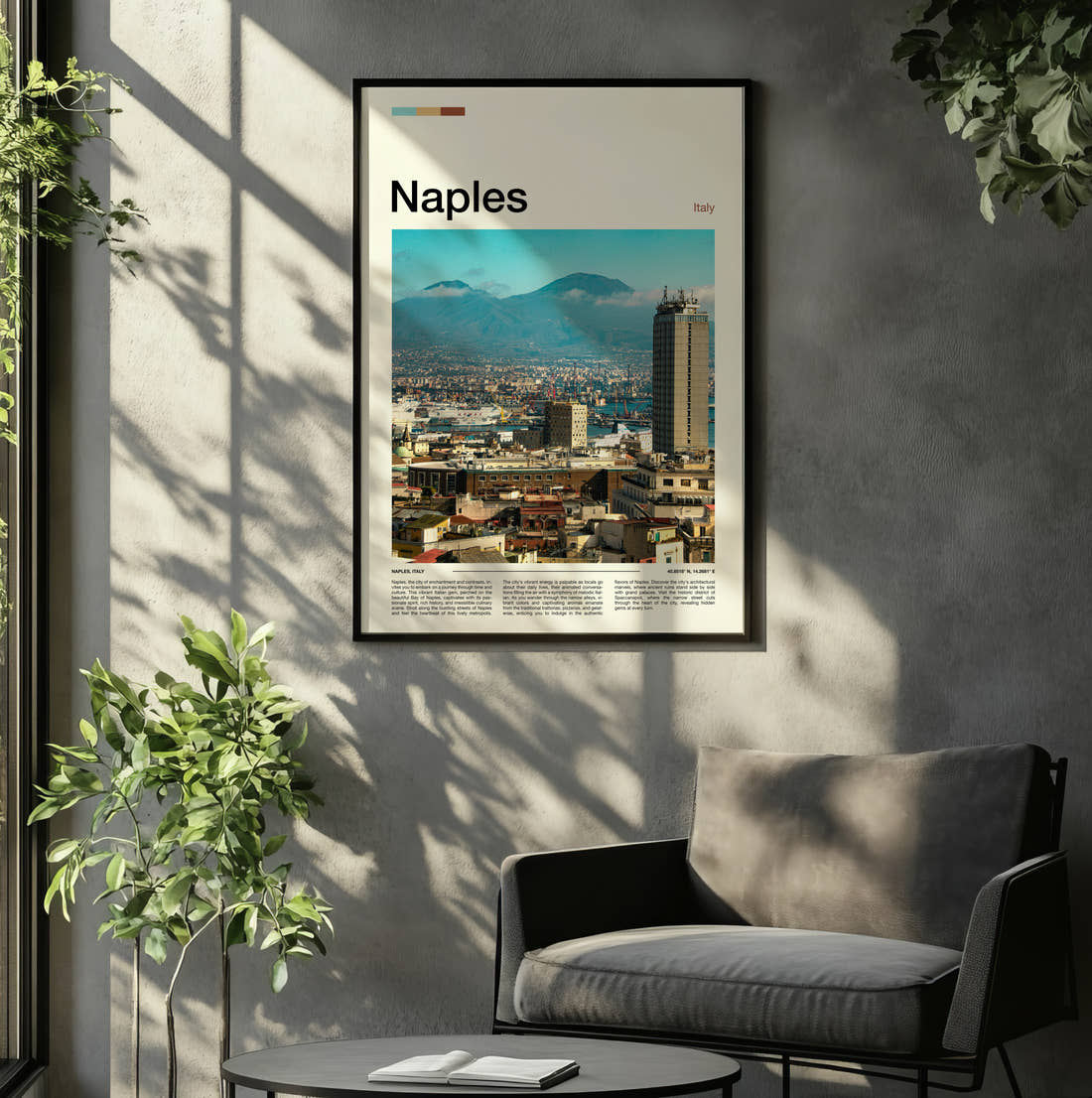 Naples Mount Vesuvius Travel Print framed on the wall of a relaxed living room