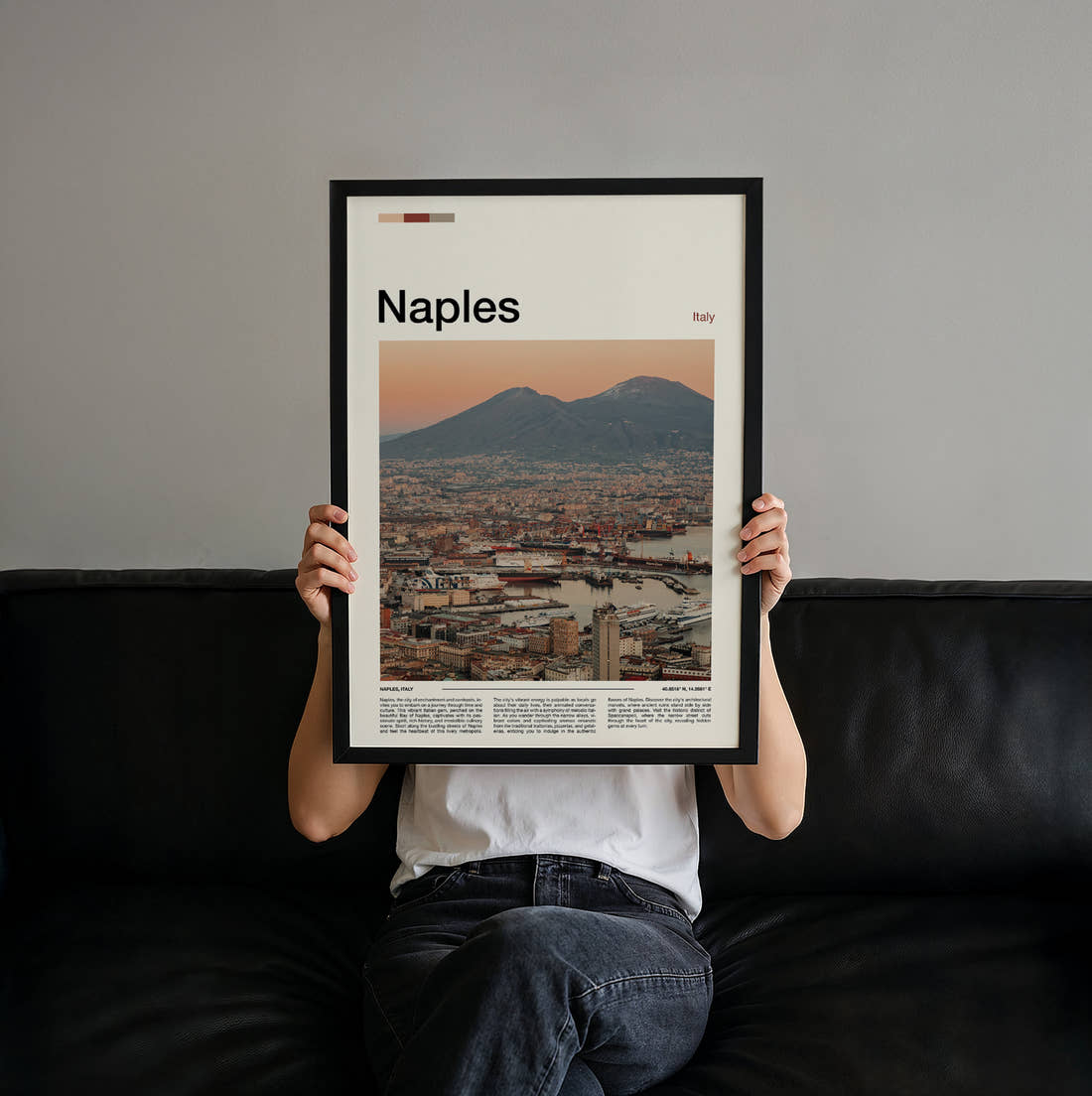 Naples Mount Vesuvius At Sunset Travel Print held up by hand to show the size of the print
