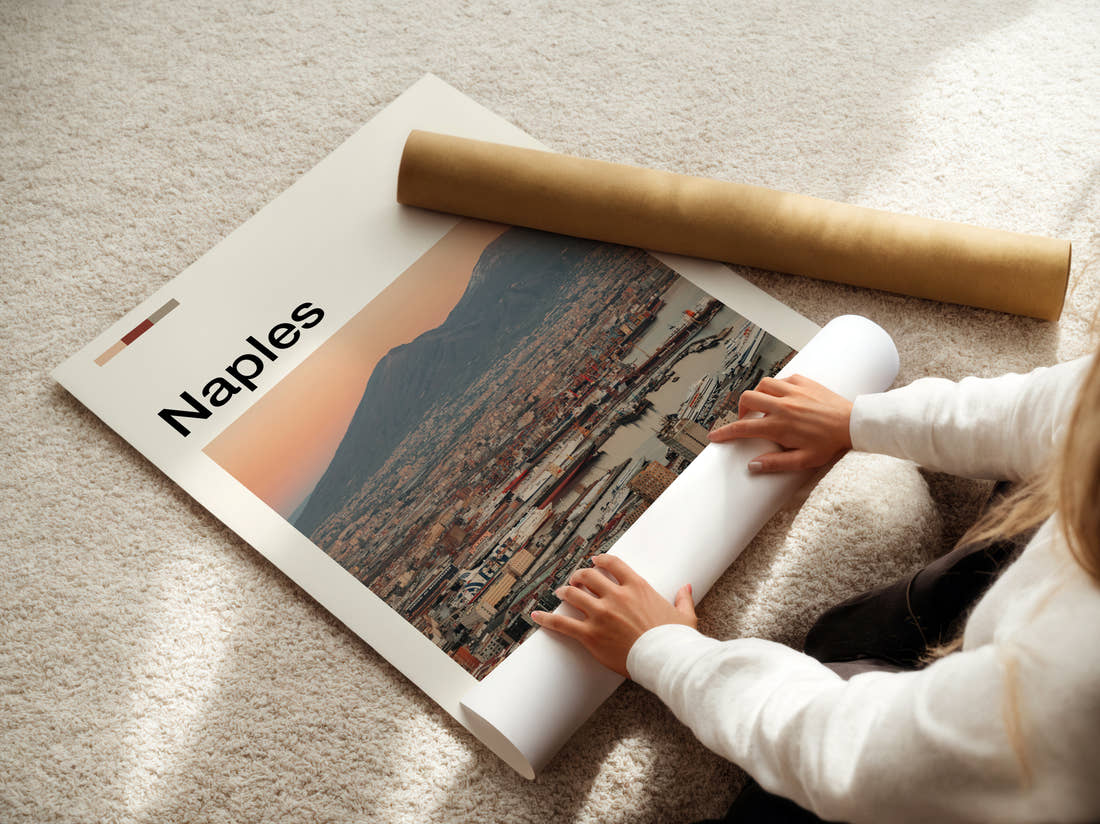 Naples Mount Vesuvius At Sunset Travel Print being unrolled from its postal tube