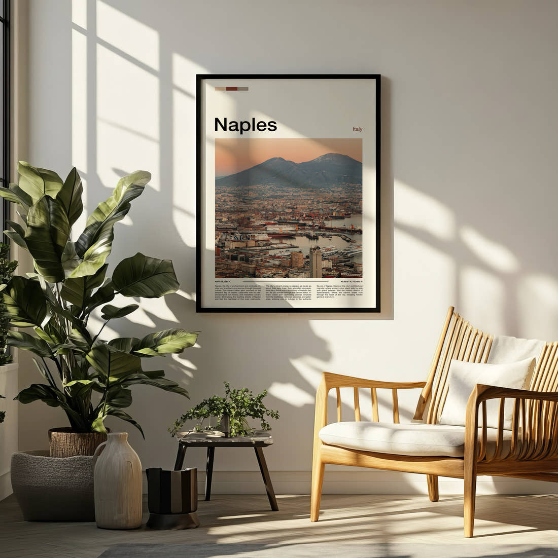 Naples Mount Vesuvius At Sunset Travel Print framed on a pale wall beside houseplants