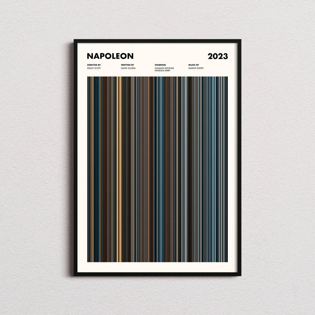 Napoleon Movie Barcode Poster framed on a plain studio wall